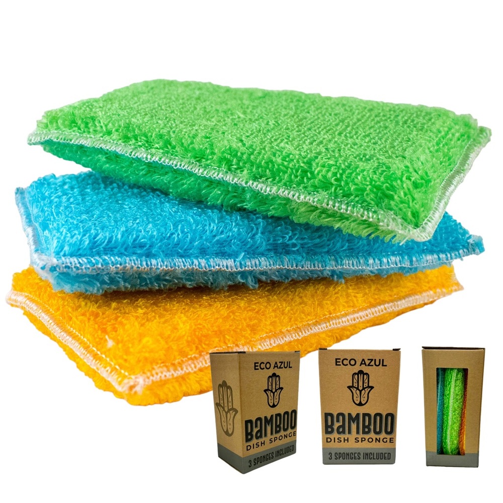 Biodegradable ECO AZUL Eco-Friendly Bamboo Kitchen Dish Sponges. Pack of 3.